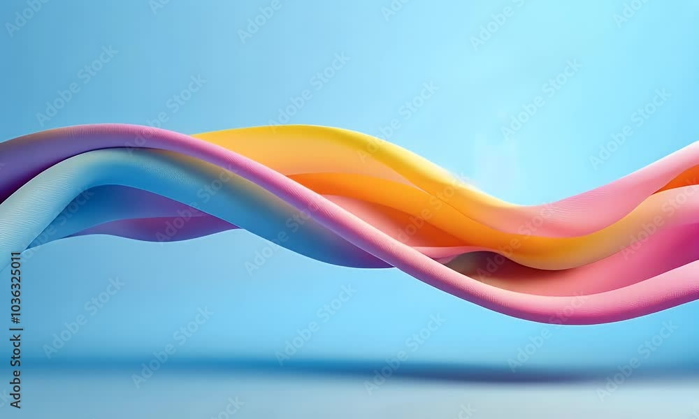 Poster 3d rendering of colorful pastel cloth in motion on a blue background. abstract shapes with draped fa