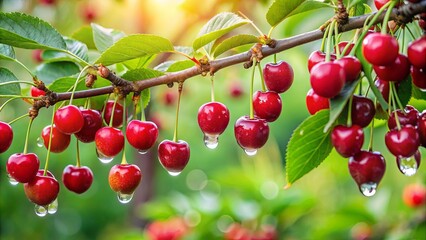 A Branch Laden with Dew-Kissed Cherries, Their Vibrant Red Hues Reflecting the Warmth of the Setting Sun