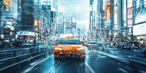 A futuristic autonomous taxi driving safely through heavy urban traffic, with visible data overlays showing the car real-time safety decisions and route planning, ensuring passenger security.