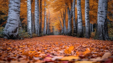 Serene autumn forest path lined with vibrant orange leaves.