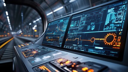 Naklejka premium Electric train control systems represented by a virtual interface, showcasing smart technology for modern transportation