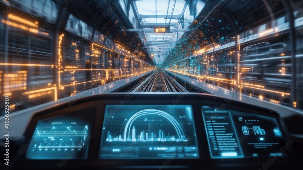 Poster electric train systems controlled by engineers through a virtual interface, showcasing advanced data