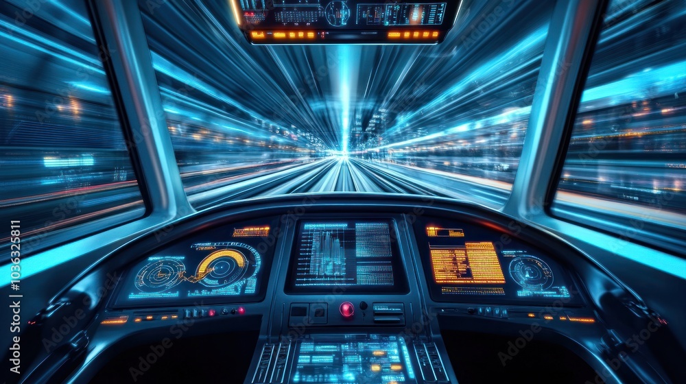 Poster electric train systems controlled by engineers through a virtual interface, showcasing advanced data