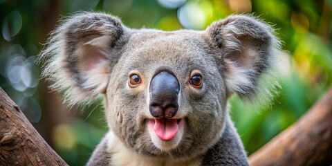 Fototapeta premium A playful koala with a curious expression, its large ears framing a wide, toothy grin, sits amidst a blurred backdrop of lush greenery.