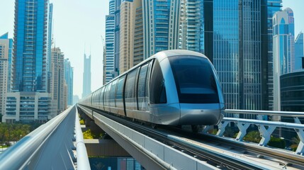 Naklejka premium A futuristic monorail gliding through a sleek, elevated track system in a high-tech city, with emphasis on the monorail鈥檚 design and the modern cityscape