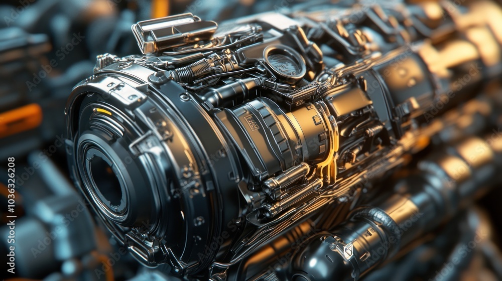 Poster a close-up of a complex mechanical engine component showcasing intricate design and engineering.