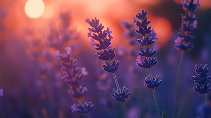 A serene lavender field bathed in soft sunset light, showcasing the vibrant purple flowers against a dreamy background.