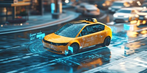 A high-tech autonomous taxi surrounded by a digital safety shield, with data visualization of sensors scanning the environment, representing the advanced safety features of driverless taxis.