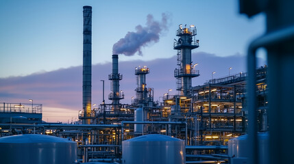 Close-up of a refinery with complex piping systems