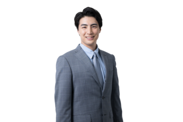 Young camera-ready businessman looking forward and smiling Background transparency