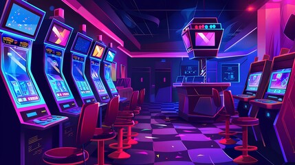 A vibrant, neon-lit arcade featuring slot machines and a bar area for entertainment.