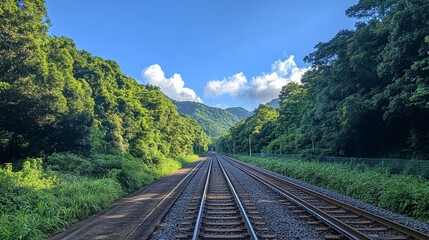 Fototapeta premium The railway tracks are surrounded by vibrant green trees on both sides, and in the bright sunlight, several white clouds are scattered in the blue sky, creating a fresh and peaceful natural atmosphere
