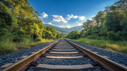 Fototapeta premium The railway tracks are surrounded by vibrant green trees on both sides, and in the bright sunlight, several white clouds are scattered in the blue sky, creating a fresh and peaceful natural atmosphere