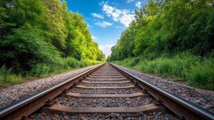 Fototapeta premium The railway tracks are surrounded by vibrant green trees on both sides, and in the bright sunlight, several white clouds are scattered in the blue sky, creating a fresh and peaceful natural atmosphere