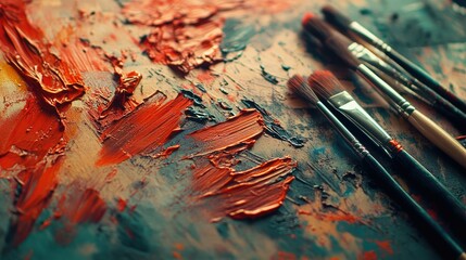 Obraz premium A painter palette splashed with red and orange paints, next to brushes and canvas.