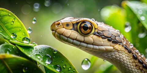Obraz premium A Close-up of a Snake's Eye Glistening with Dewdrops, Reflecting the Lush Green Foliage of a Tropical Rainforest