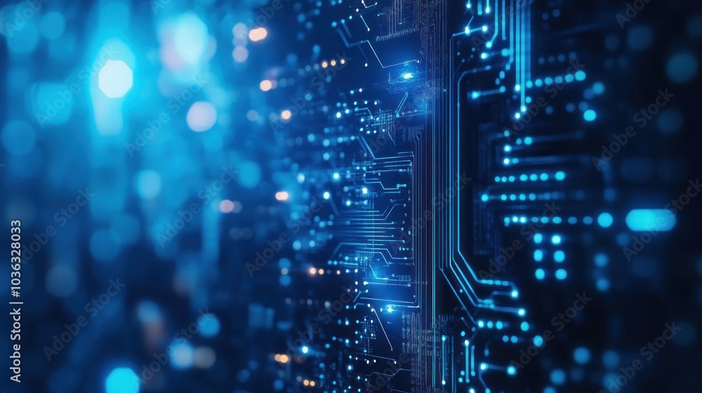 Poster abstract representation of a circuit board with glowing blue elements, symbolizing technology.