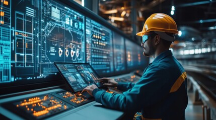 Industrial transportation network powered by smart data systems, with engineers controlling electric trains through virtual control panels