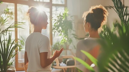 A holistic health practitioner guiding a patient through a gentle yoga session in a spacious studio, with light streaming in and tropical plants visible, creating a serene and balanced environment