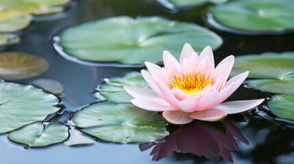 A pink lotus flower floating on a calm pond surrounded by green lily pads.