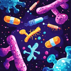 Large cell signaling pathway, antibodies and chromosomes working together, microbiology lab scene, flat design illustration