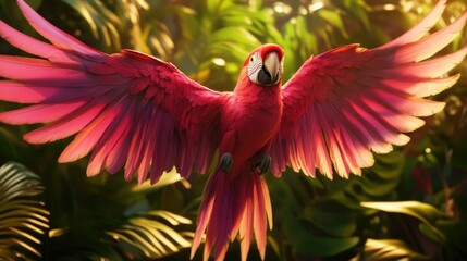Obraz premium A pink macaw parrot spreading its wings against a lush tropical background.