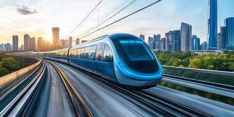 Fototapeta premium A sleek, futuristic driverless electric train gliding smoothly along elevated tracks, with a modern cityscape in the background, showcasing advanced technology and innovation in urban transportation.