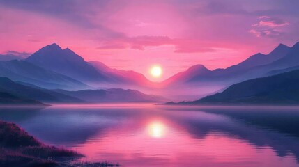 A pink sunset casting a glow over a tranquil lake with mountains in the background.