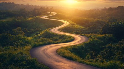 A winding road leading toward a radiant horizon, symbolizing the journey to success, with key milestones like effort, persistence, and determination marked along the path.