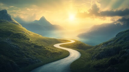 A winding road leading toward a radiant horizon, symbolizing the journey to success, with key milestones like effort, persistence, and determination marked along the path.