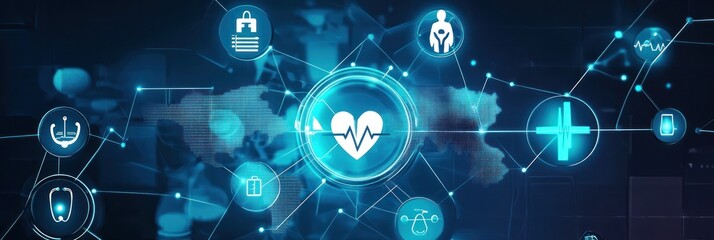 Medical professionals collaborating on a global scale, represented by a glowing medical network of healthcare icons and technologies
