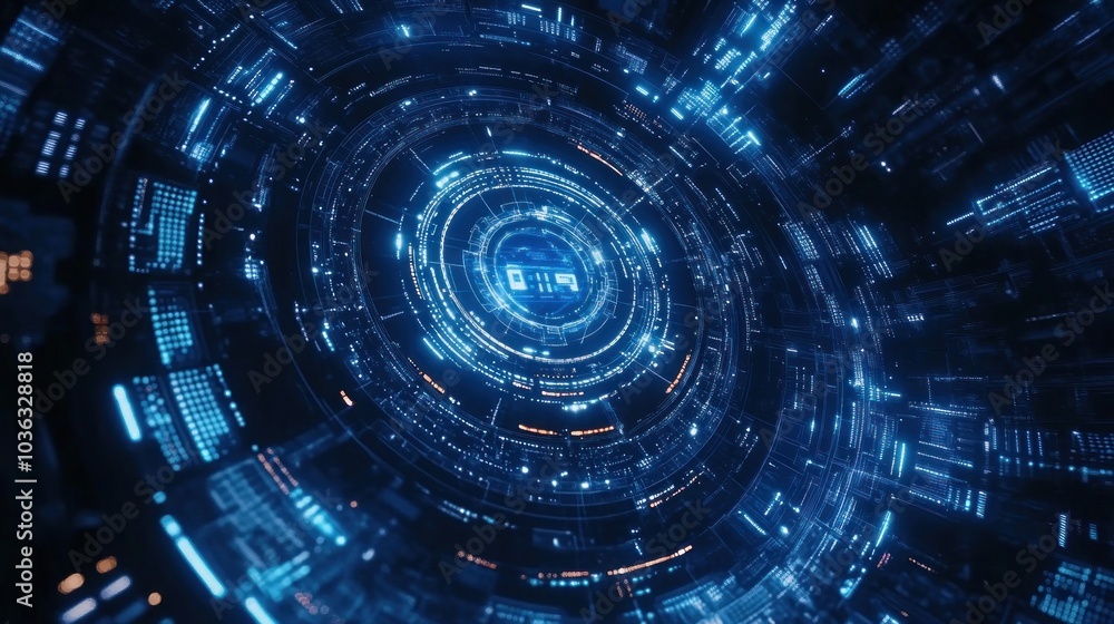 Aufkleber a futuristic digital interface with glowing blue and orange elements in a circular pattern.
