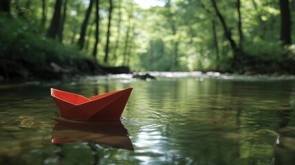 A red paper boat floating gently down a quiet, clear stream in the woods.