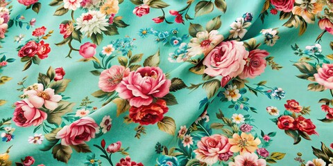 Fototapeta premium A delicate green fabric with a vibrant floral print of pink, red, and white roses, small blue flowers, and green leaves, creating a tapestry of nature's beauty.