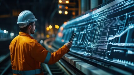 Modern transportation systems represented by engineers using data interfaces to monitor electric railways and smart networks