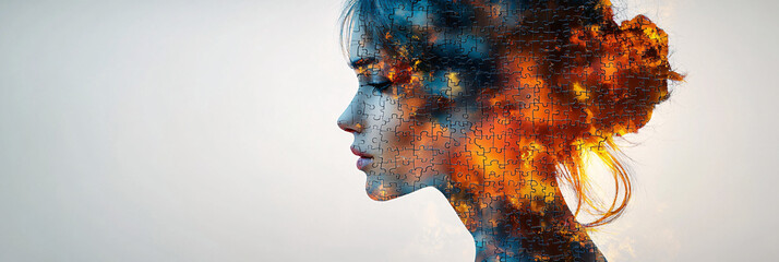 A vibrant silhouette of a woman’s profile filled with colorful puzzle patterns representing creativity, ideal for mental health campaigns, art projects, and educational materials.