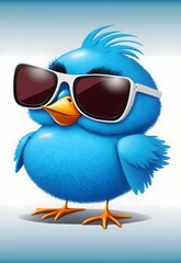 Naklejka premium Blauer Vogel mit Sonnenbrille in Cartoon-Stil - KI generiert