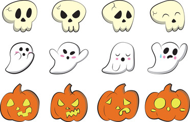 Obraz premium A collection of cute Halloween pumpkins, ghosts and skulls with different expressions.