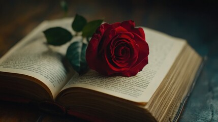 A single red rose placed on an open book, symbolizing romance and love.