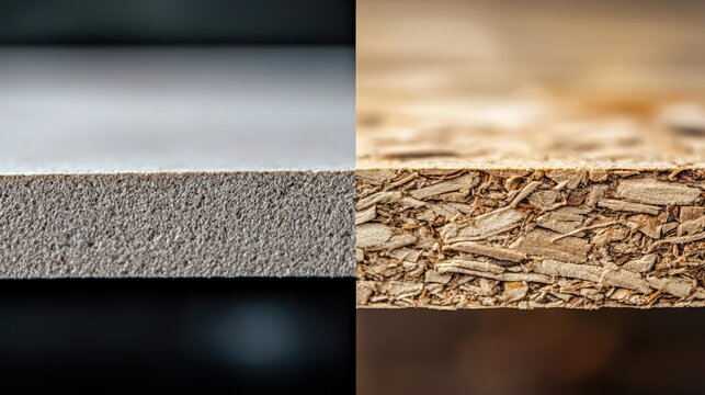 A split image showcasing melamine-faced fibreboard (MFF) on one side and HMR melamine-coated chipboard (MFC) on the other, highlighting their texture and finish