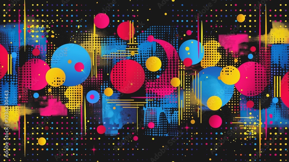 Aufkleber artwork with abstract geometric pattern featuring dots and squares in vibrant colors