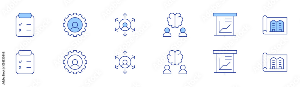 Poster project icon set in two styles, duotone and thin line style. editable stroke. brain, data analysis, 