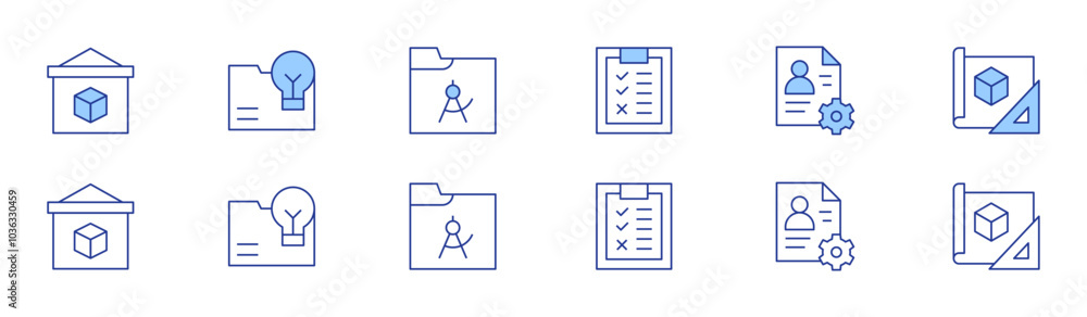 Poster project icon set in two styles, duotone and thin line style. editable stroke. check list, developmen