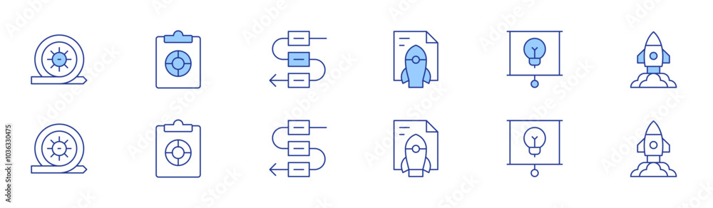 Aufkleber project icon set in two styles, duotone and thin line style. editable stroke. deployment, presentati