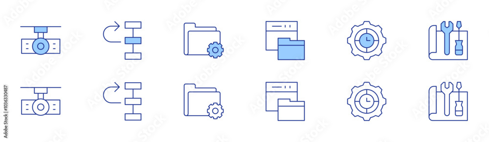 Aufkleber project icon set in two styles, duotone and thin line style. editable stroke. documentation, project