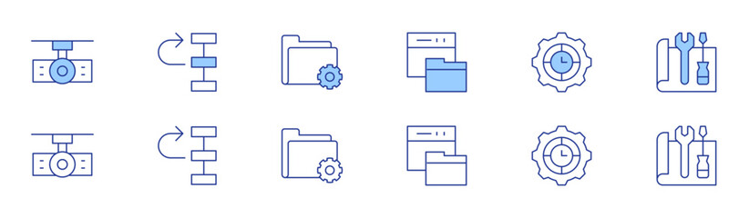 Fototapeta premium Project icon set in two styles, Duotone and Thin Line style. Editable stroke. documentation, project, projector, priority, settings