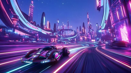 High-speed bunnies racing on a neon track with futuristic hovercrafts