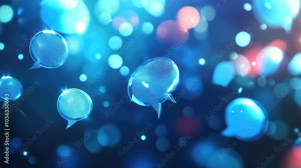 Poster a tech-inspired hologram of gpt chat with speech bubbles floating in a blue-toned digital space, rep