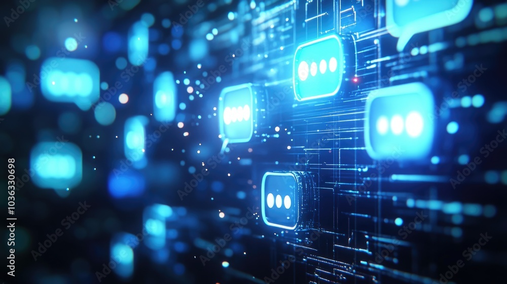 Poster a tech-inspired hologram of gpt chat with speech bubbles floating in a blue-toned digital space, rep
