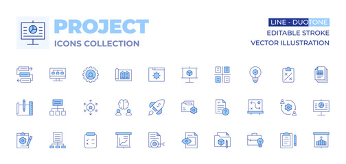 Project icons collection. Line Duotone style, editable stroke. project, project management, startup, target, brain, data analysis, clipboard, outsourcing, research, sketch